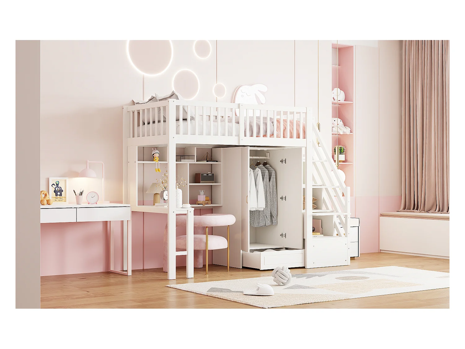 Lit mezzanine enfant - 90 x 200 - avec penderie + table + escalier de rangement - bois - blanc