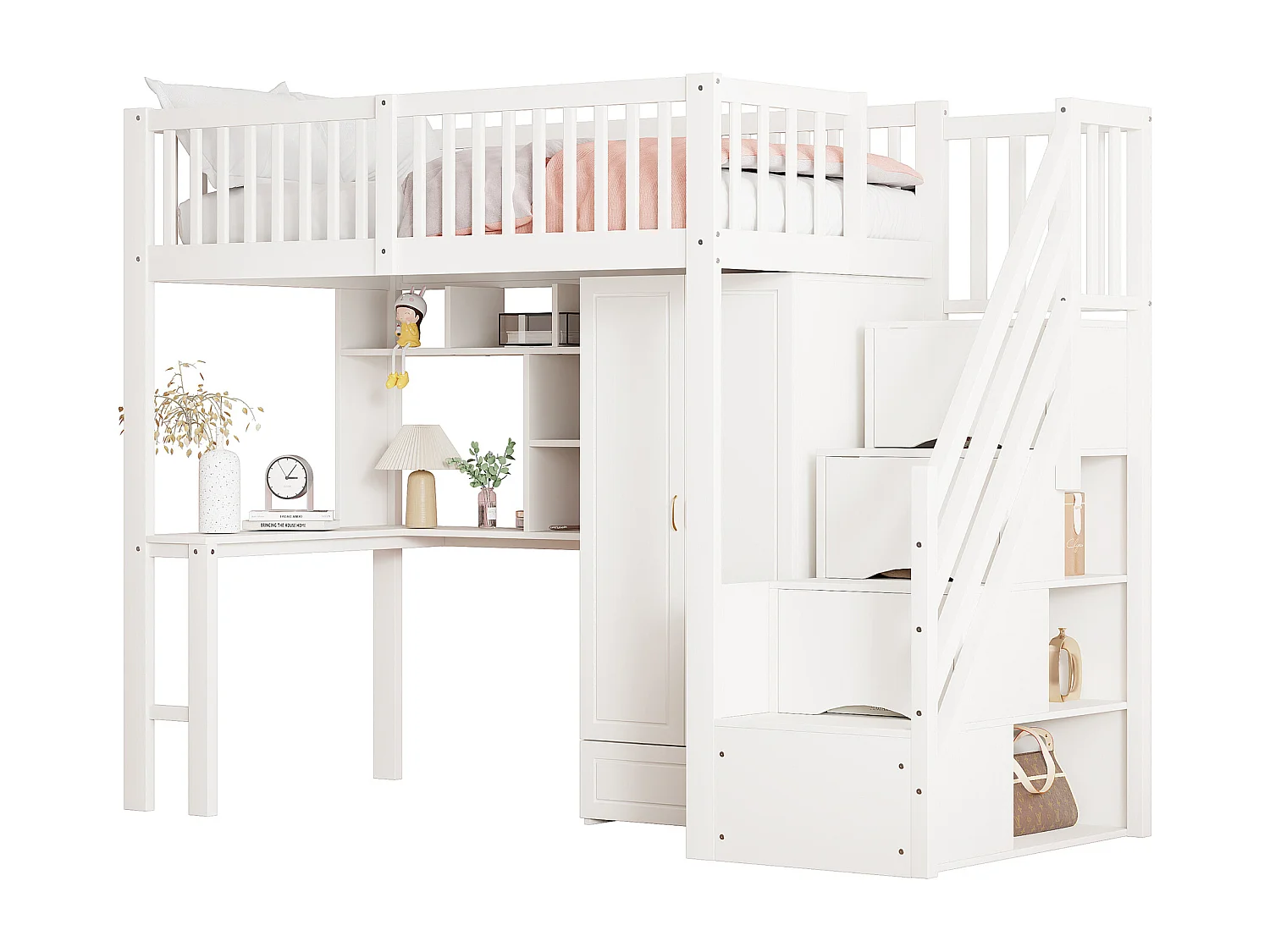 Lit mezzanine enfant - 90 x 200 - avec penderie + table + escalier de rangement - bois - blanc