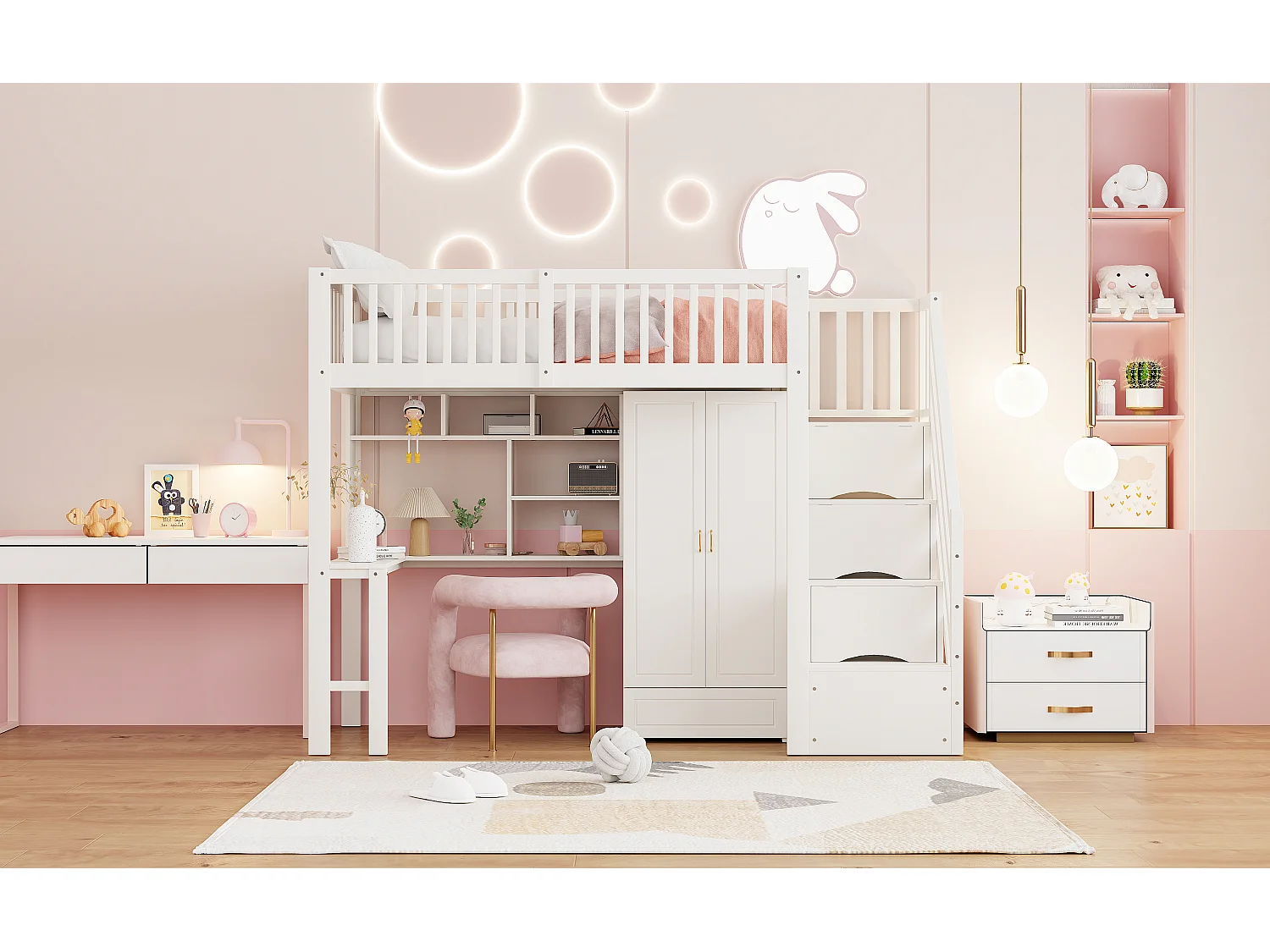 Lit mezzanine enfant - 90 x 200 - avec penderie + table + escalier de rangement - bois - blanc