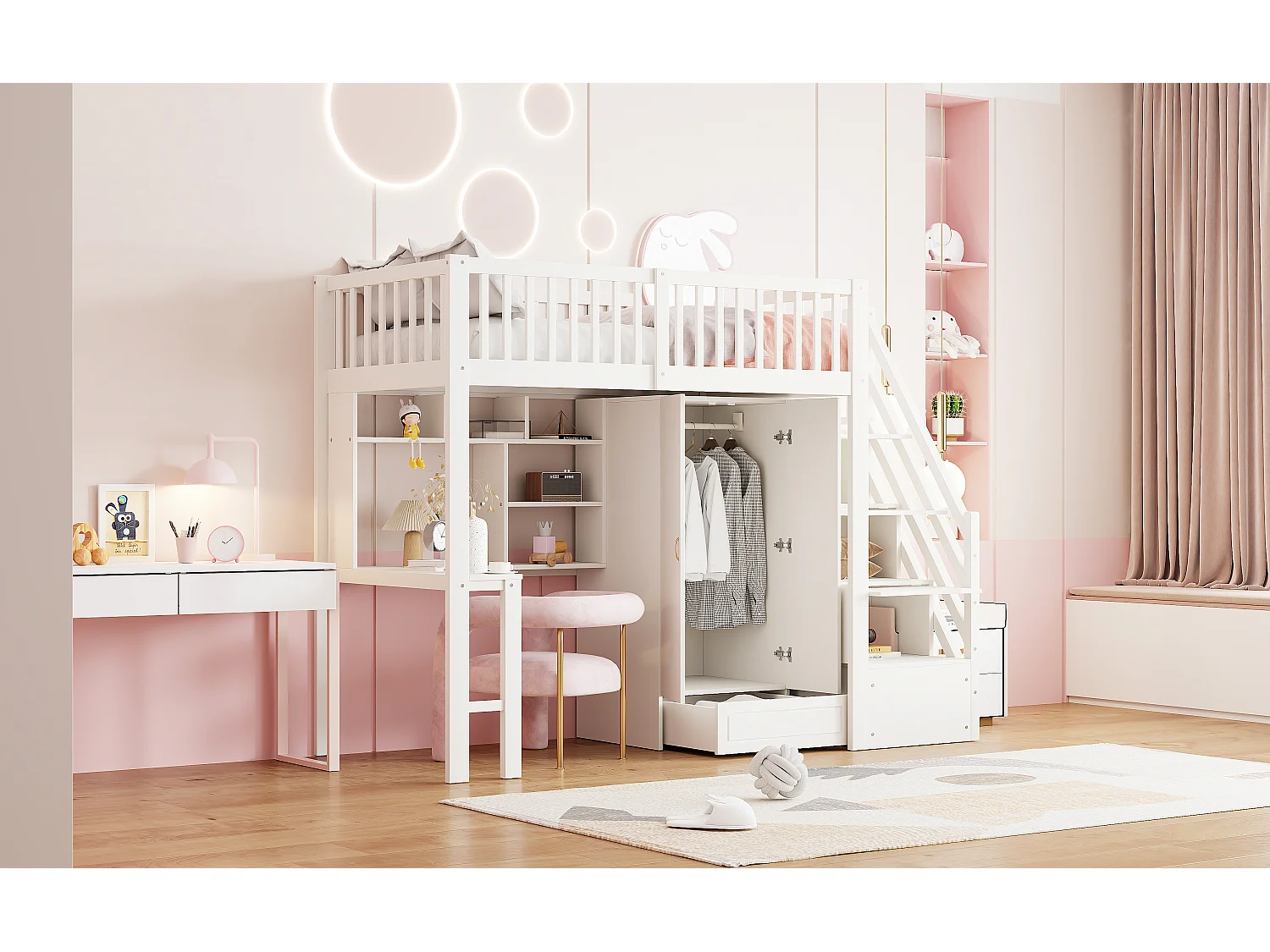 Lit mezzanine enfant - 90 x 200 - avec penderie + table + escalier de rangement - bois - blanc