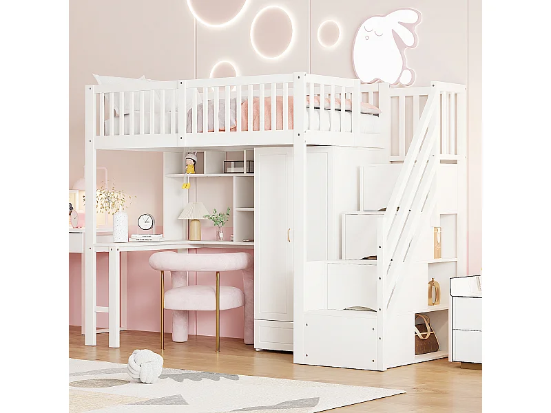 Kinderhochbett - 90 x 200 - mit Kleiderschrank + Tisch + Stauraumtreppe - Holz - weiß