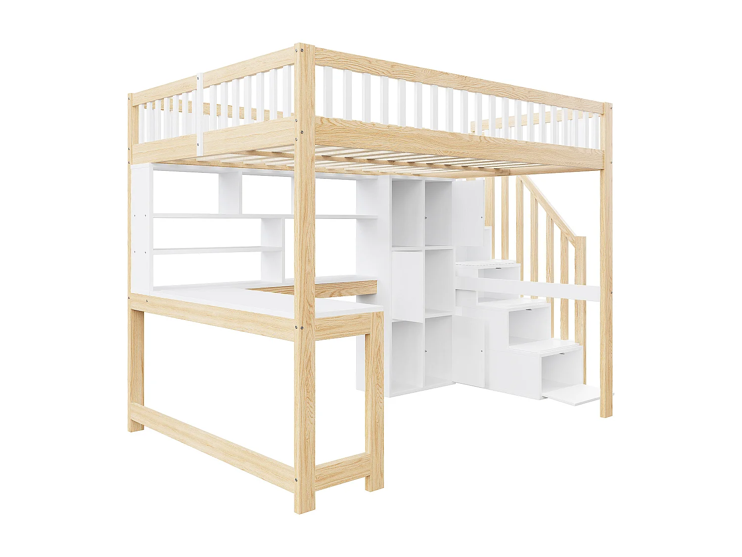 Kinderhochbett - 140 x 200 cm - mit LEDs + Stauraumleiter + Regale + Schreibtisch - Holz - weiß + natur