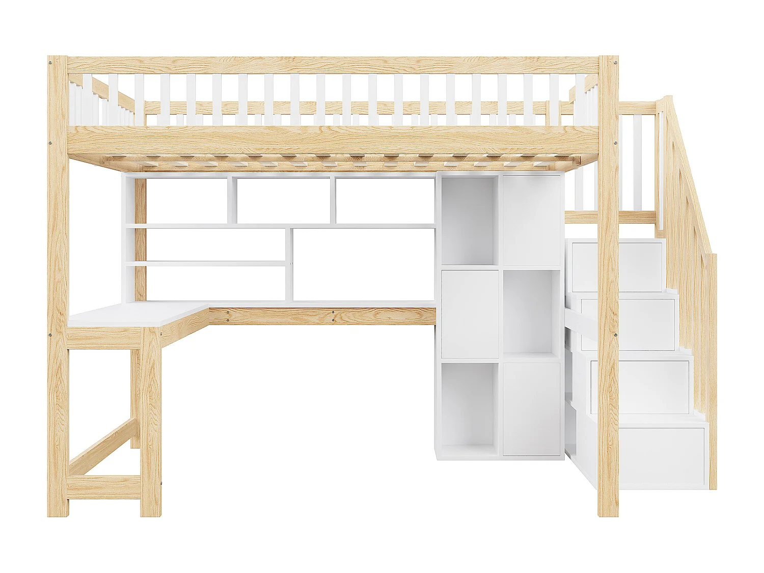 Kinderhochbett - 140 x 200 cm - mit LEDs + Stauraumleiter + Regale + Schreibtisch - Holz - weiß + natur