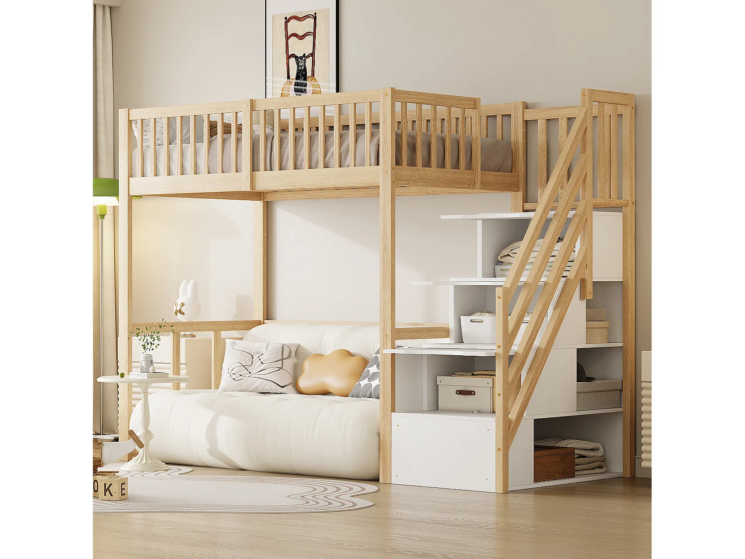 Kinderhochbett - 90 x 200 cm - mit Stauraum in der Treppe - Holz + MDF - natur + weiß