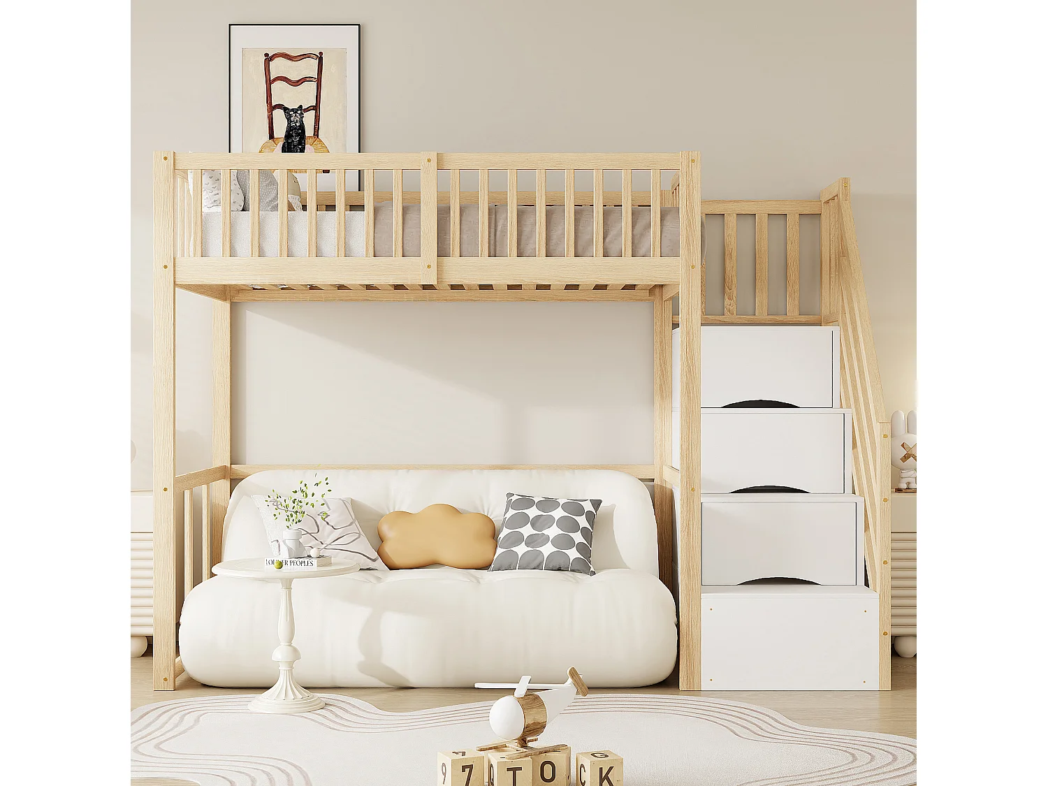 Kinderhochbett - 90 x 200 cm - mit Stauraum in der Treppe - Holz + MDF - natur + weiß