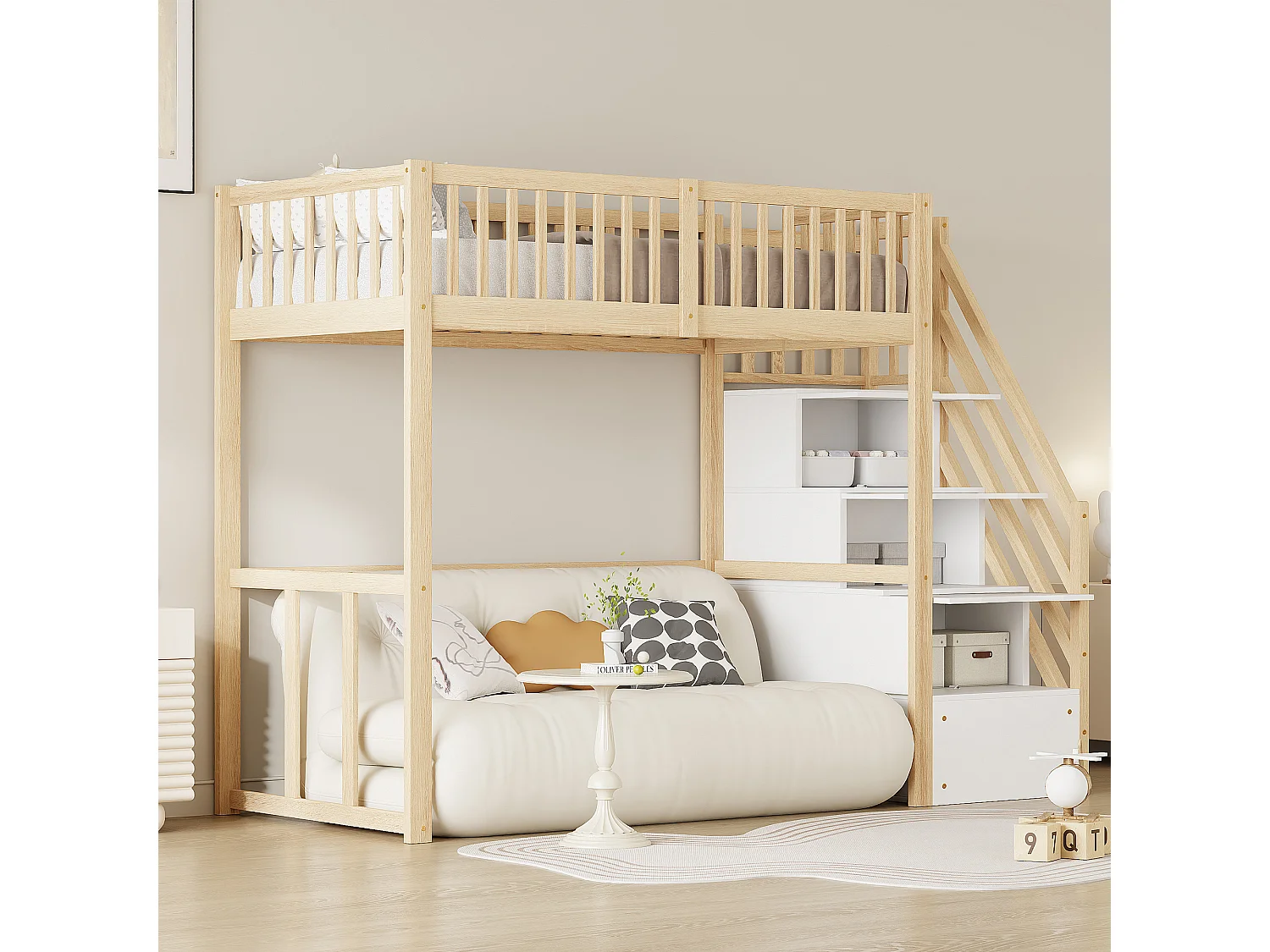 Kinderhochbett - 90 x 200 cm - mit Stauraum in der Treppe - Holz + MDF - natur + weiß