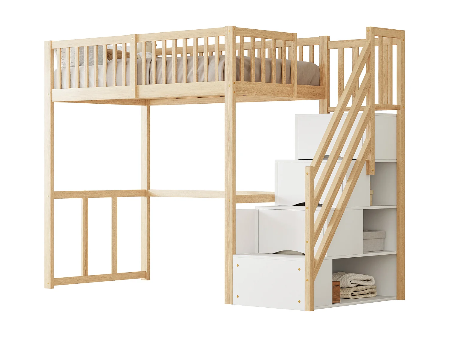 Kinderhochbett - 90 x 200 cm - mit Stauraum in der Treppe - Holz + MDF - natur + weiß