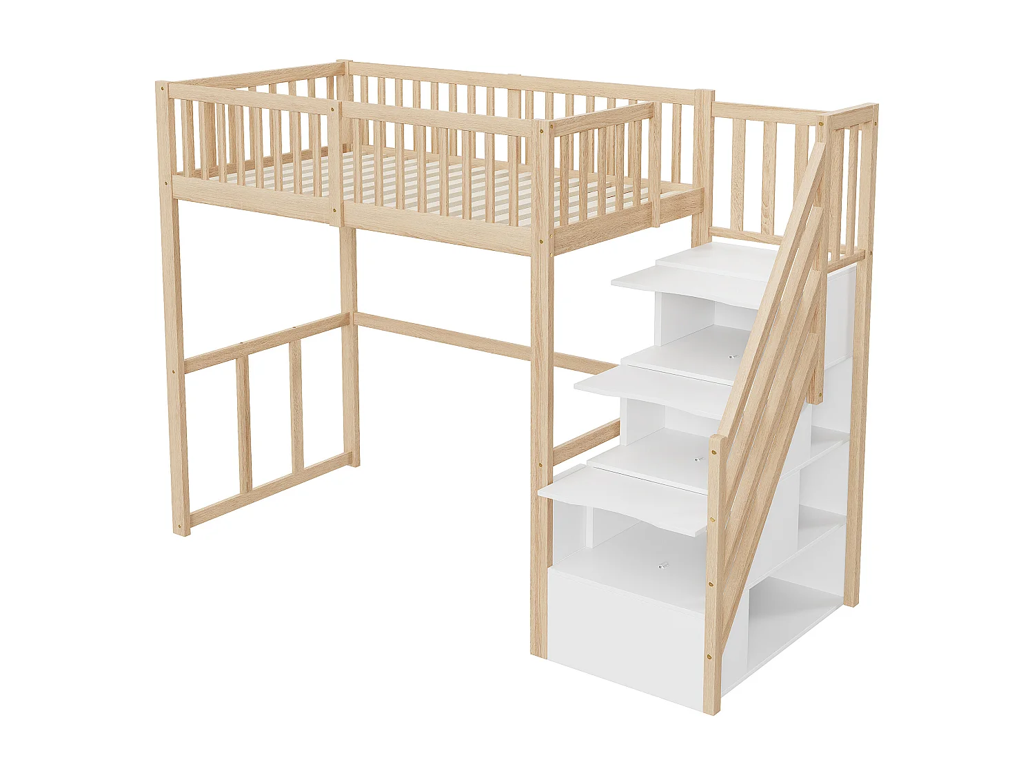 Kinderhochbett - 90 x 200 cm - mit Stauraum in der Treppe - Holz + MDF - natur + weiß