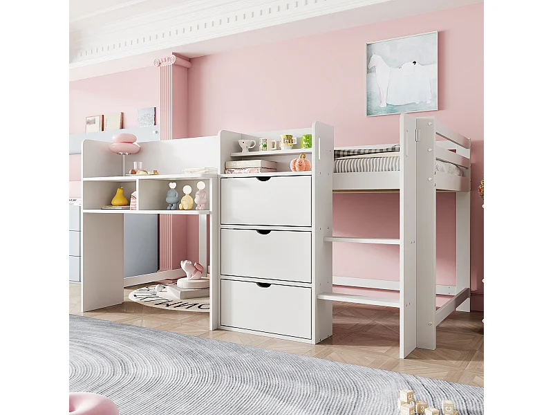 Lit mi-hauteur pour enfant - 90 x 200 cm - forme maison - avec rangement + 3 tiiroirs - bois - blanc