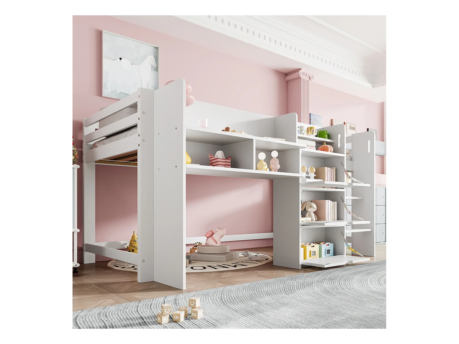 Kinderbed halfhoog - 90 x 200 cm - huisvorm - met opbergruimte + 3 lades - hout - wit