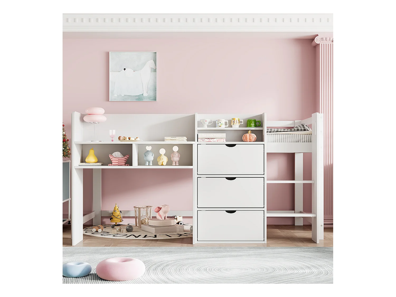 Kinderbed halfhoog - 90 x 200 cm - huisvorm - met opbergruimte + 3 lades - hout - wit