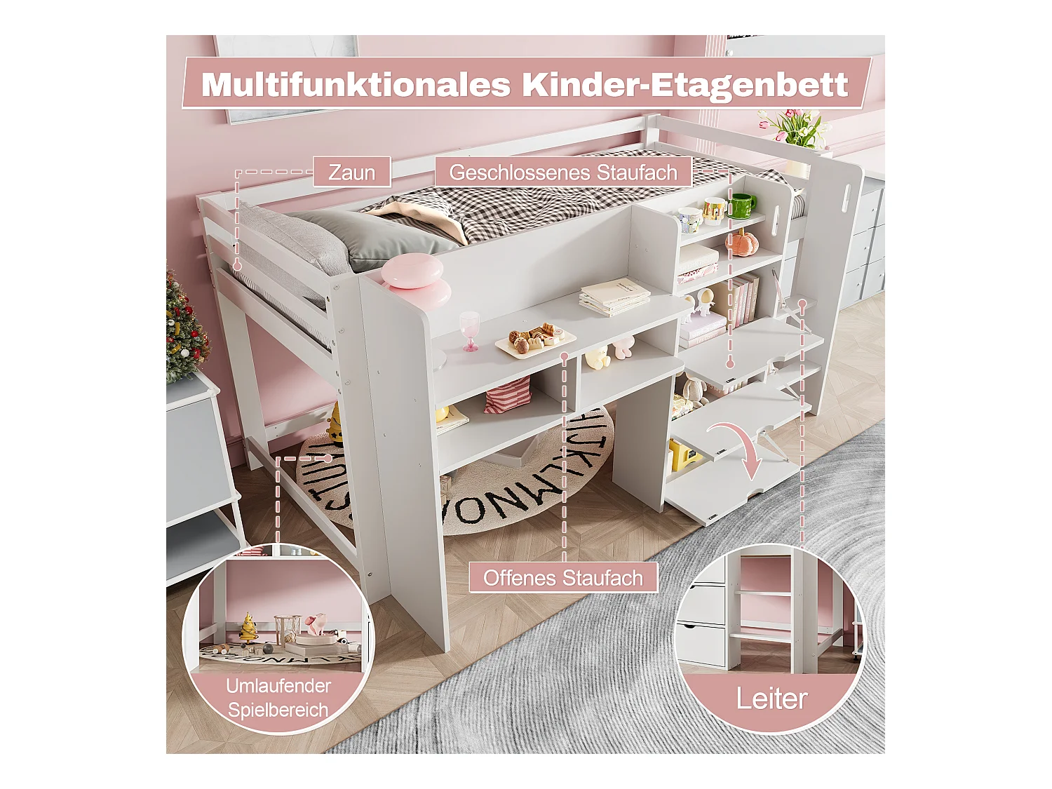 Kinder-Halbhochbett - 90 x 200 cm - Hausform - mit Stauraum + 3 Schubladen - Holz - Weiß