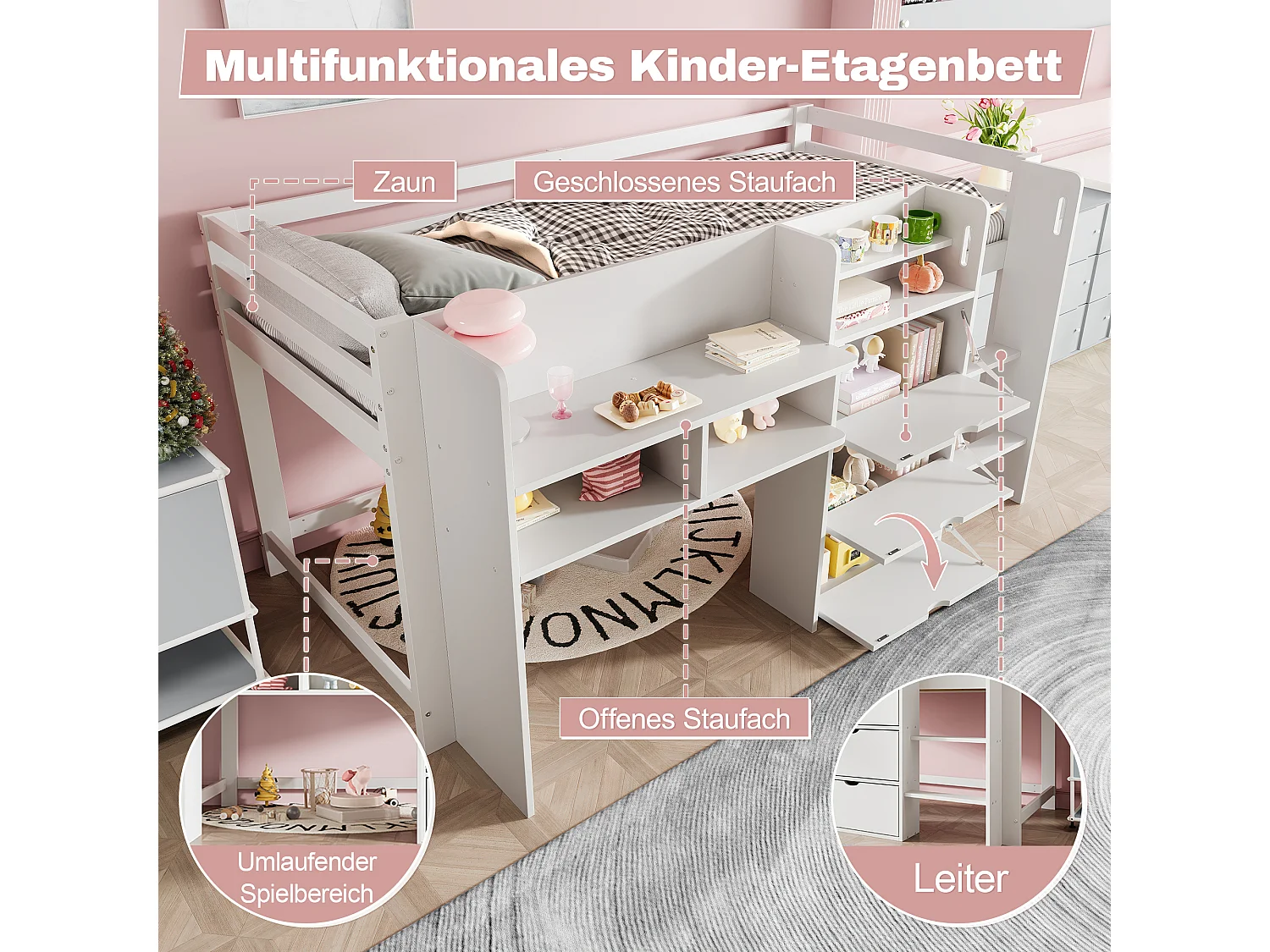 Kinder-Halbhochbett - 90 x 200 cm - Hausform - mit Stauraum + 3 Schubladen - Holz - Weiß