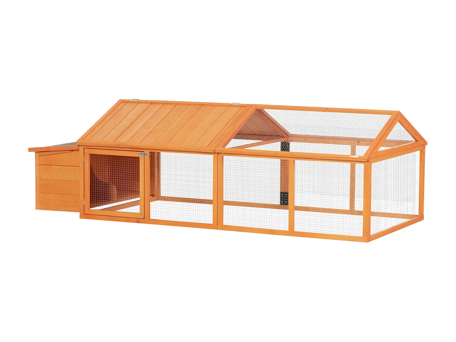 Pollaio da giardino in legno di abete con rete metallica arancione
