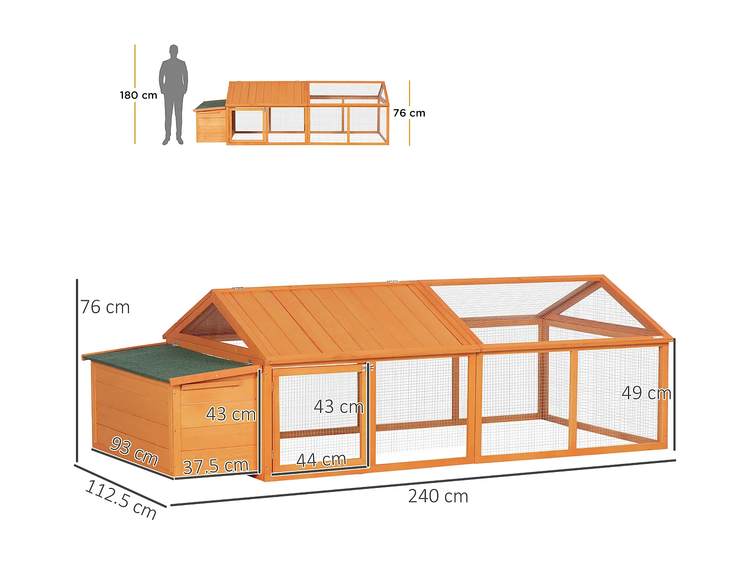 Pollaio da giardino in legno di abete con rete metallica arancione