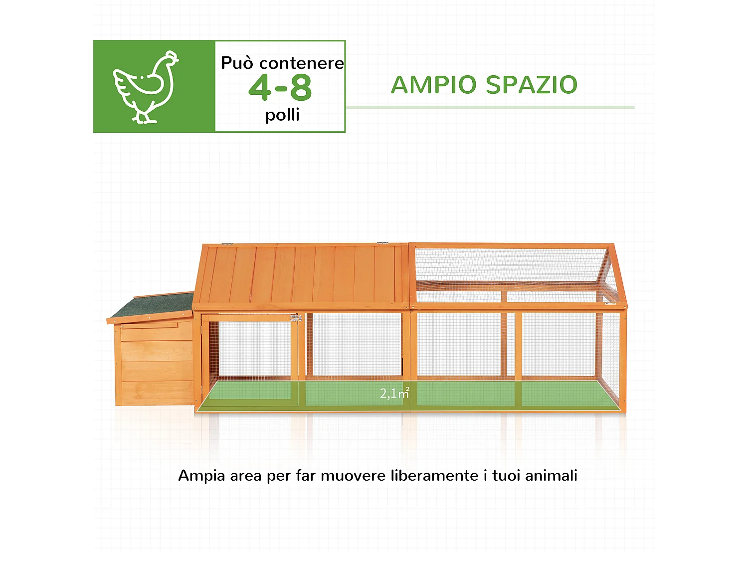 Pollaio da giardino in legno di abete con rete metallica arancione