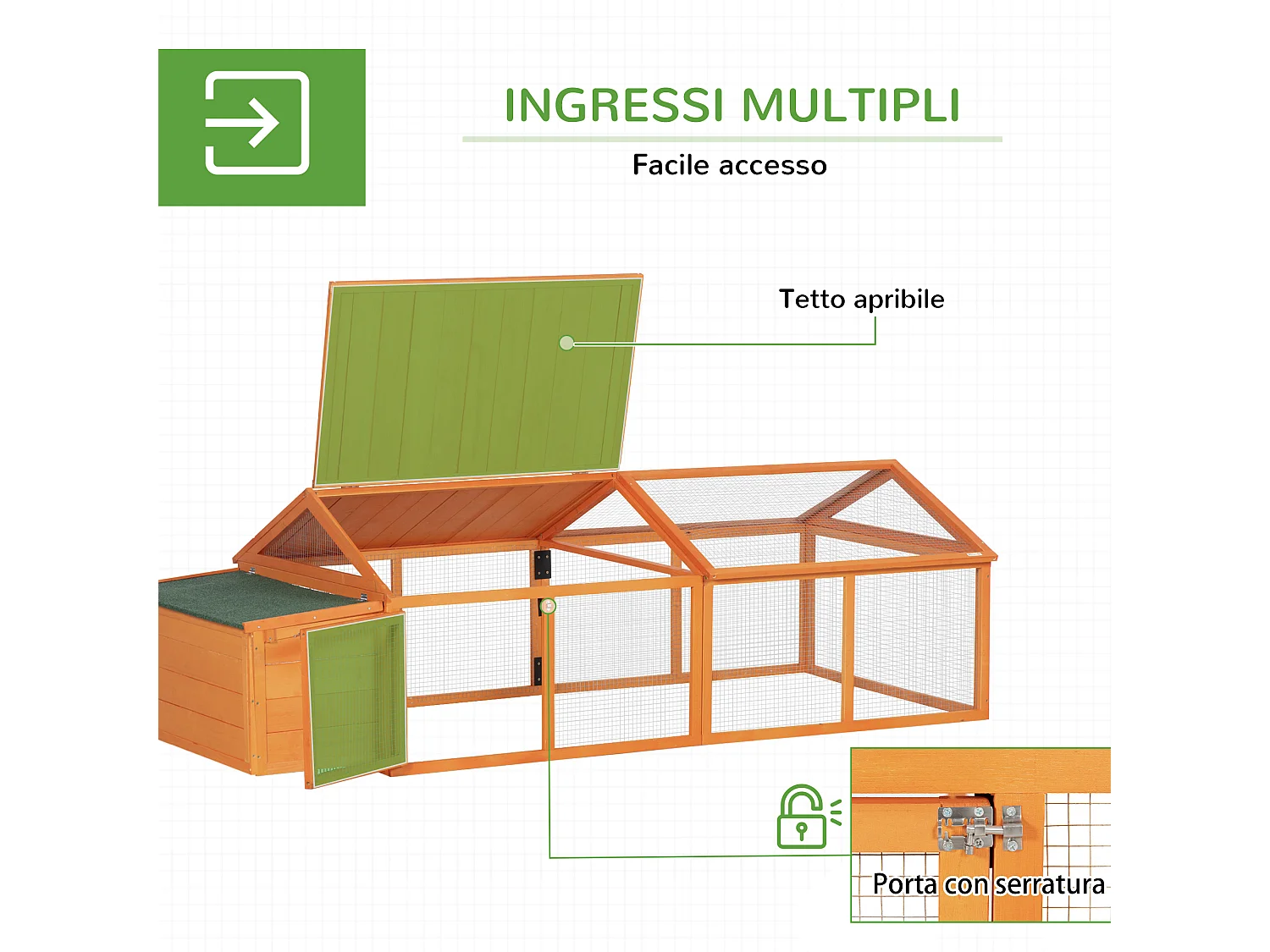 Pollaio da giardino in legno di abete con rete metallica arancione