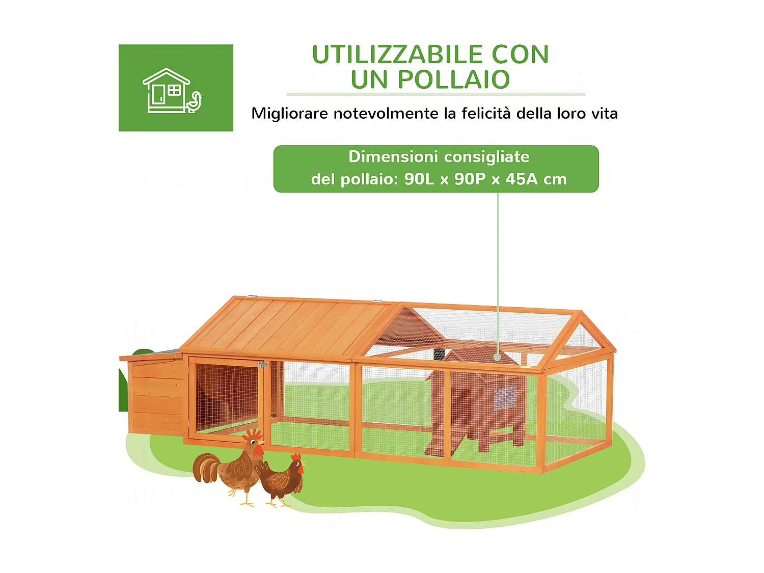 Pollaio da giardino in legno di abete con rete metallica arancione