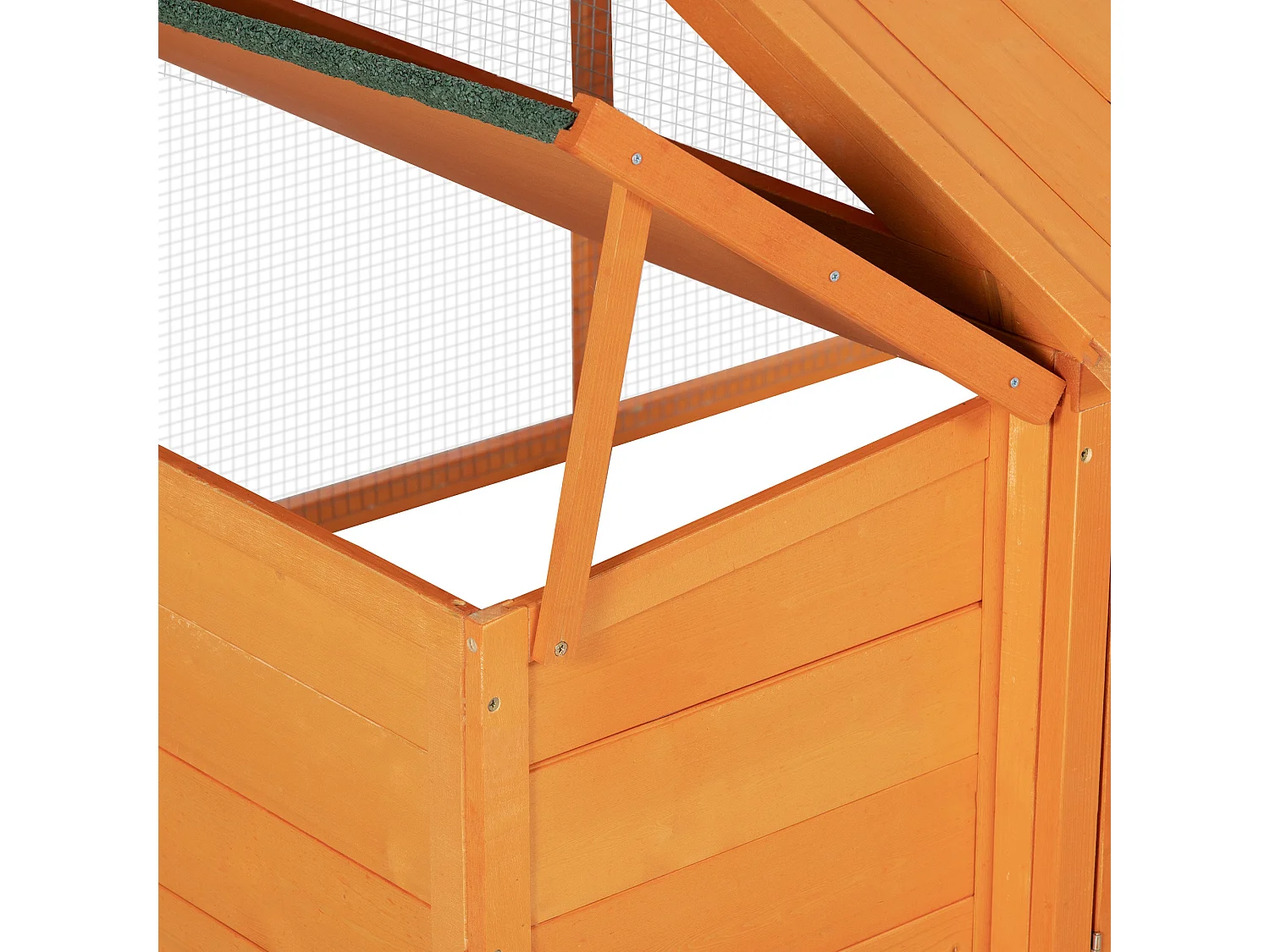 Pollaio da giardino in legno di abete con rete metallica arancione