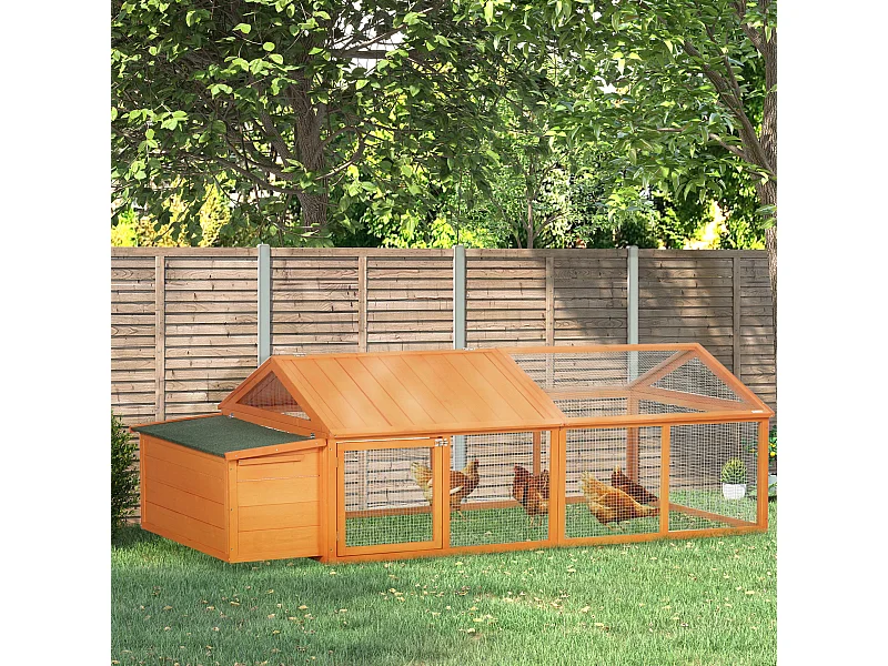 Pollaio da giardino in legno di abete con rete metallica arancione