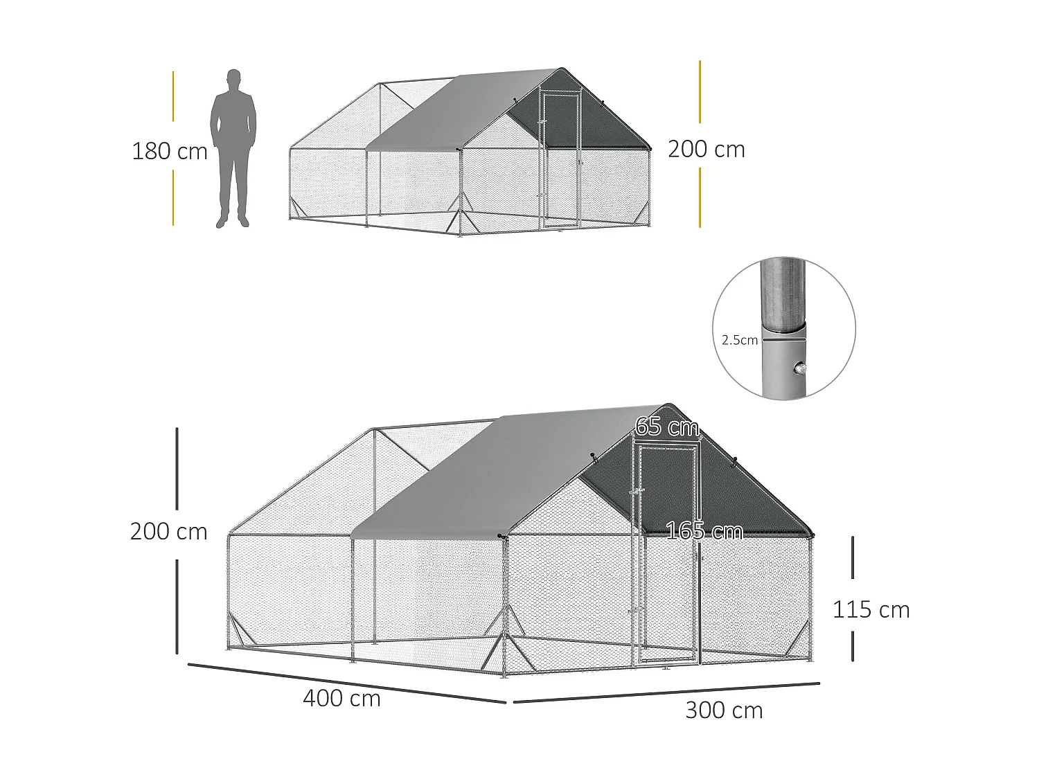Pollaio per galline da giardino con telaio zincato 3x4x2m impermeabile