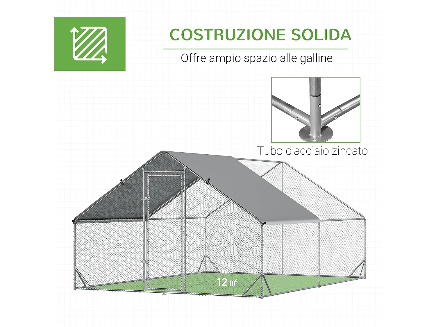 Pollaio per galline da giardino con telaio zincato 3x4x2m impermeabile