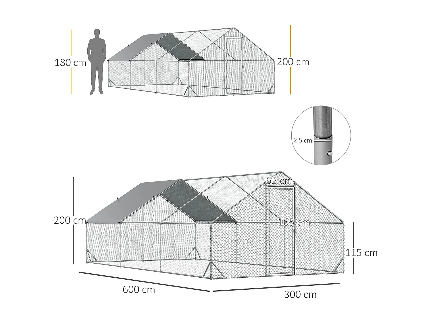 Pollaio per galline da giardino con telaio zincato 3x6x2m impermeabile