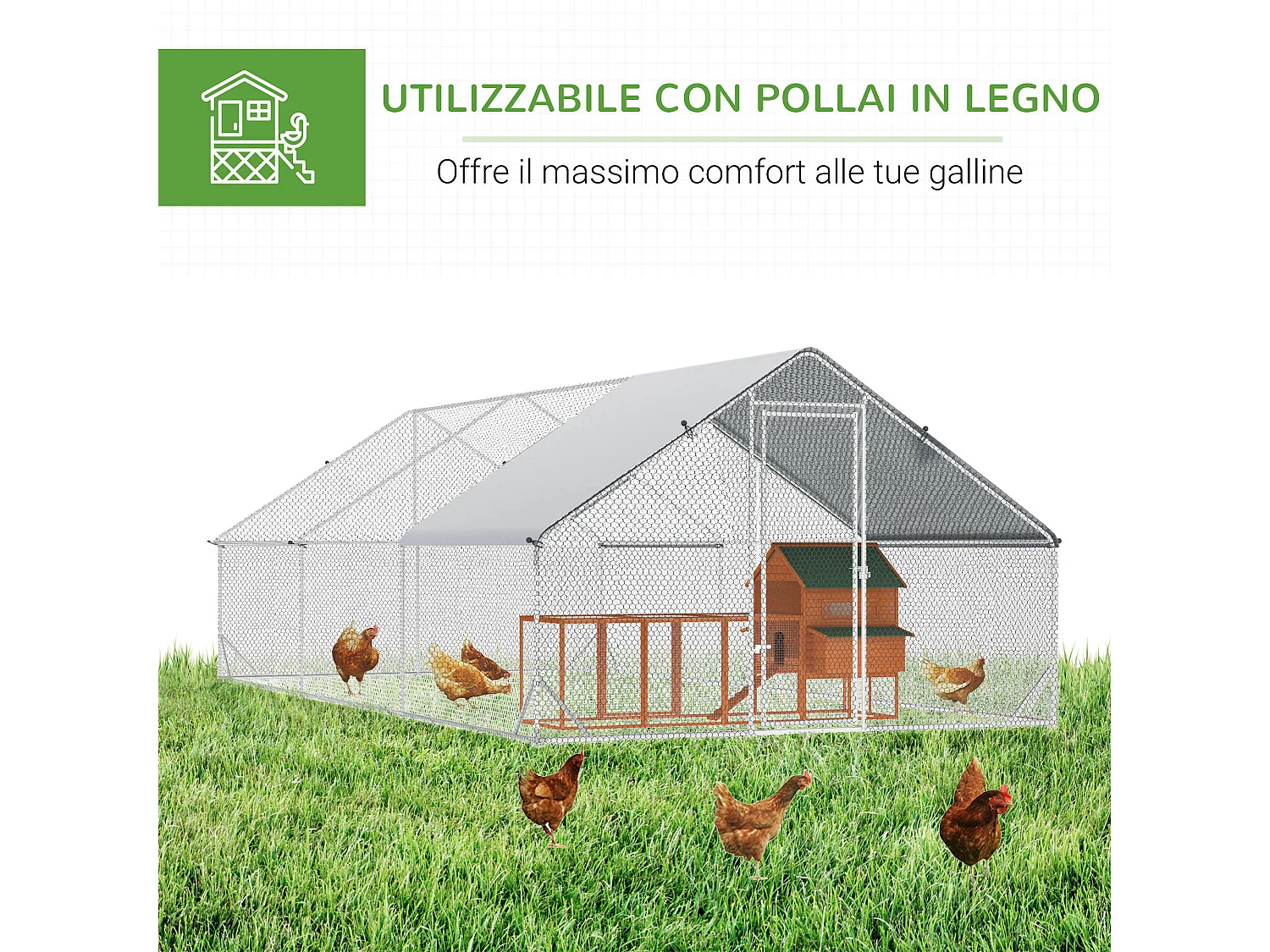 Pollaio per galline da giardino con telaio zincato 3x6x2m impermeabile