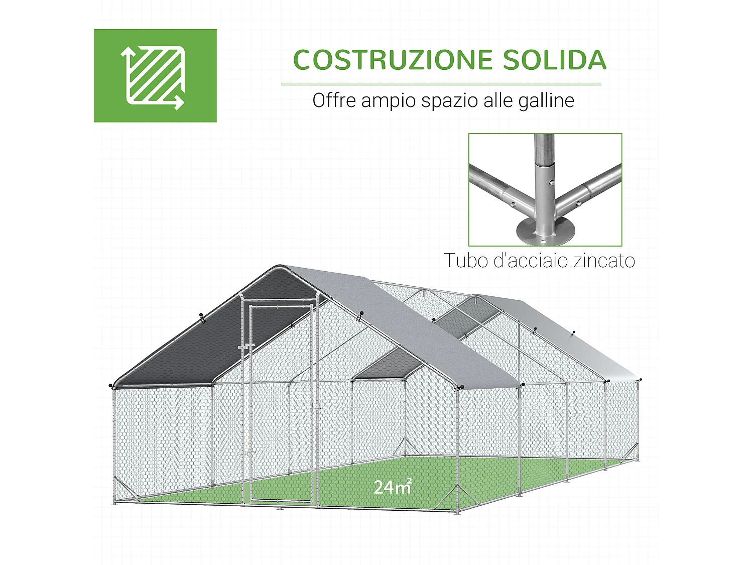 Pollaio per galline da giardino con telaio zincato 3x8x2m impermeabile