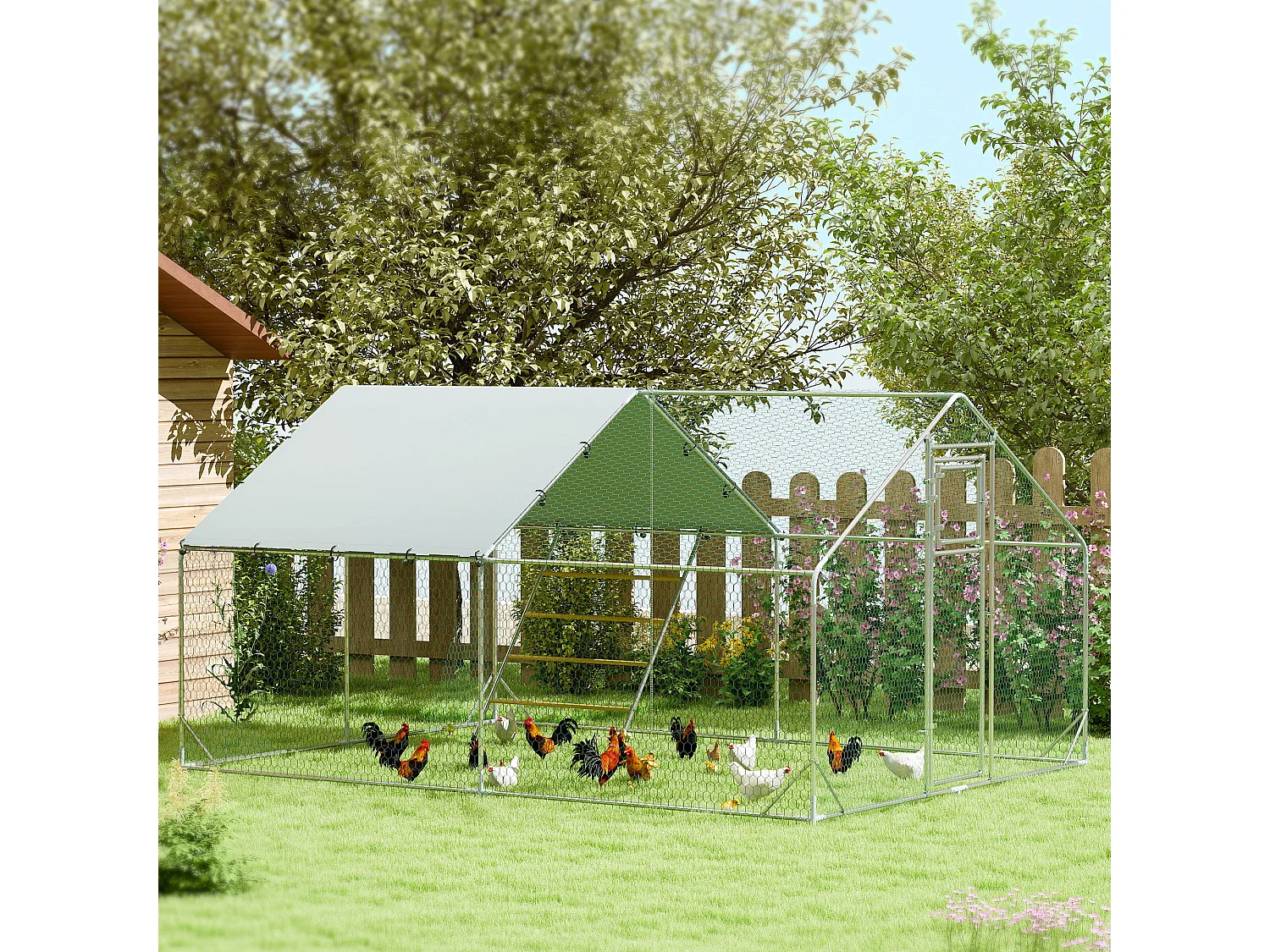 Pollaio da 12m² per 12-18 galline, tetto, mangiatoia e posatoio, 3x4x1.9m