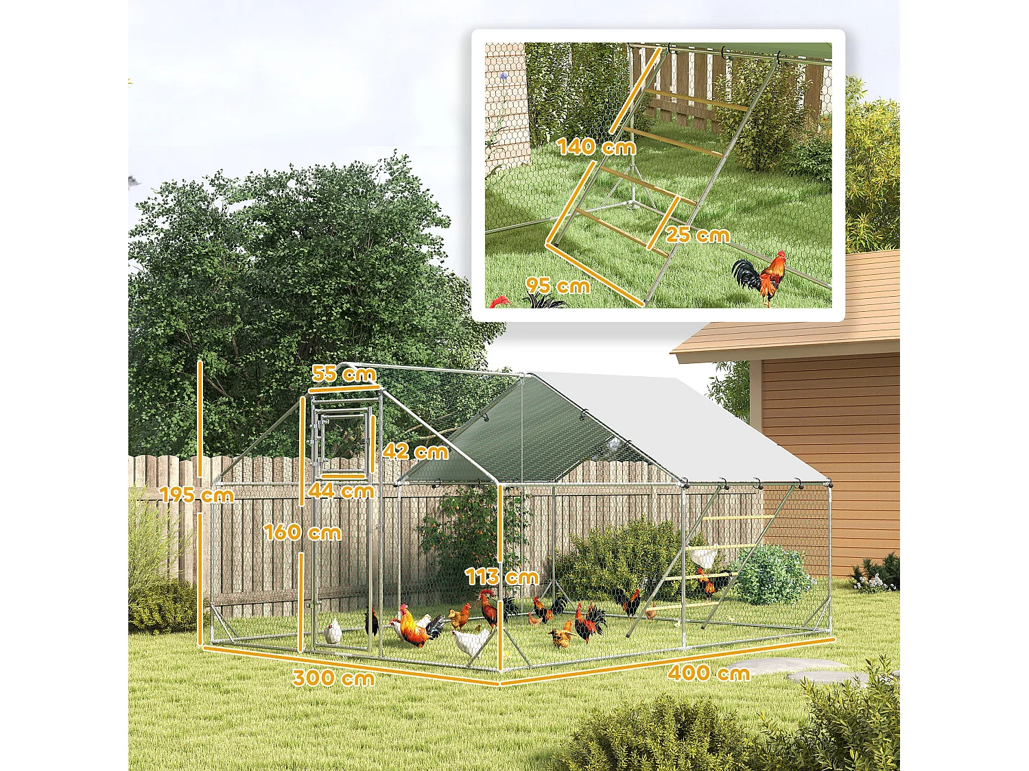 Pollaio da 12m² per 12-18 galline, tetto, mangiatoia e posatoio, 3x4x1.9m