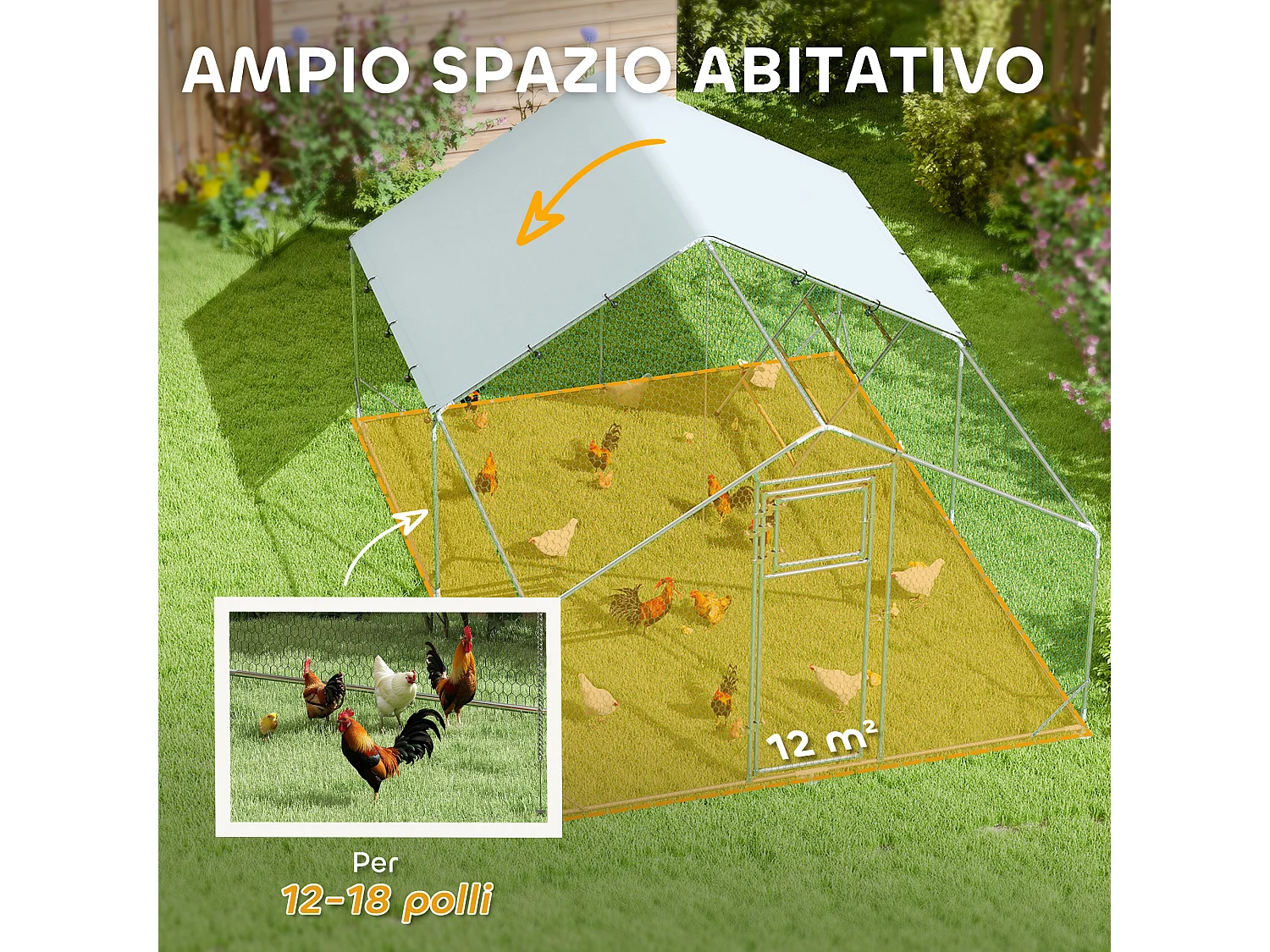 Pollaio da 12m² per 12-18 galline, tetto, mangiatoia e posatoio, 3x4x1.9m