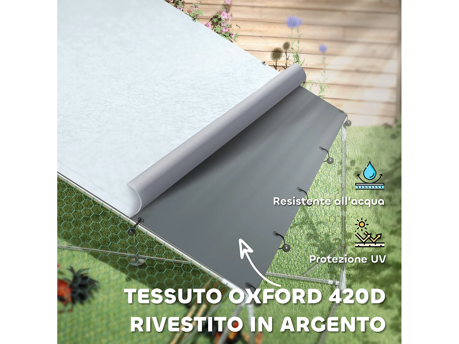 Pollaio da 12m² per 12-18 galline, tetto, mangiatoia e posatoio, 3x4x1.9m