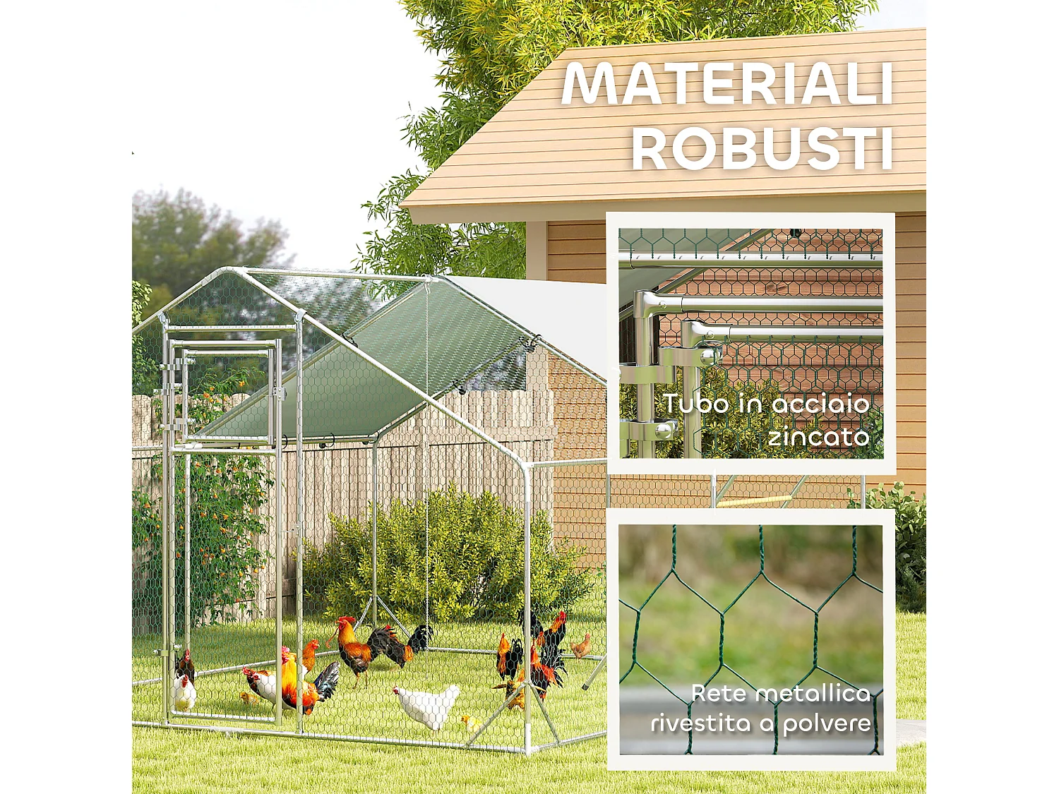 Pollaio da 12m² per 12-18 galline, tetto, mangiatoia e posatoio, 3x4x1.9m