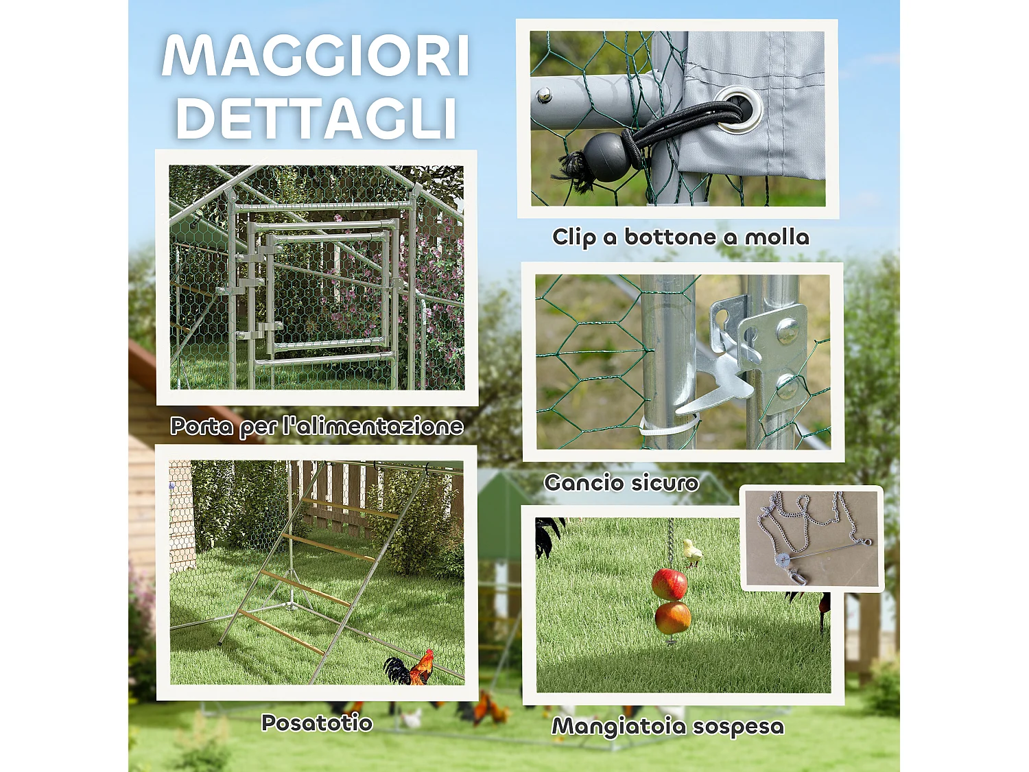 Pollaio da 12m² per 12-18 galline, tetto, mangiatoia e posatoio, 3x4x1.9m