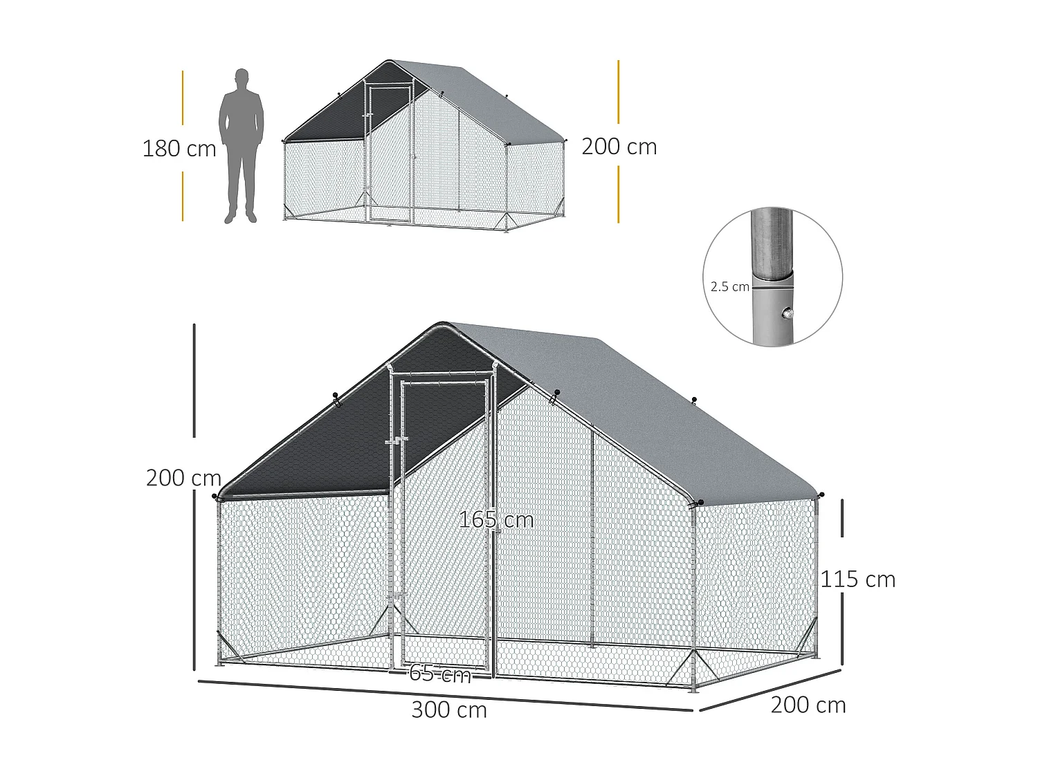 Pollaio per galline da giardino con telaio zincato 3x2x2m impermeabile