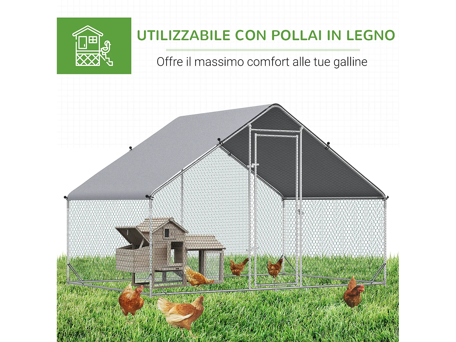 Pollaio per galline da giardino con telaio zincato 3x2x2m impermeabile