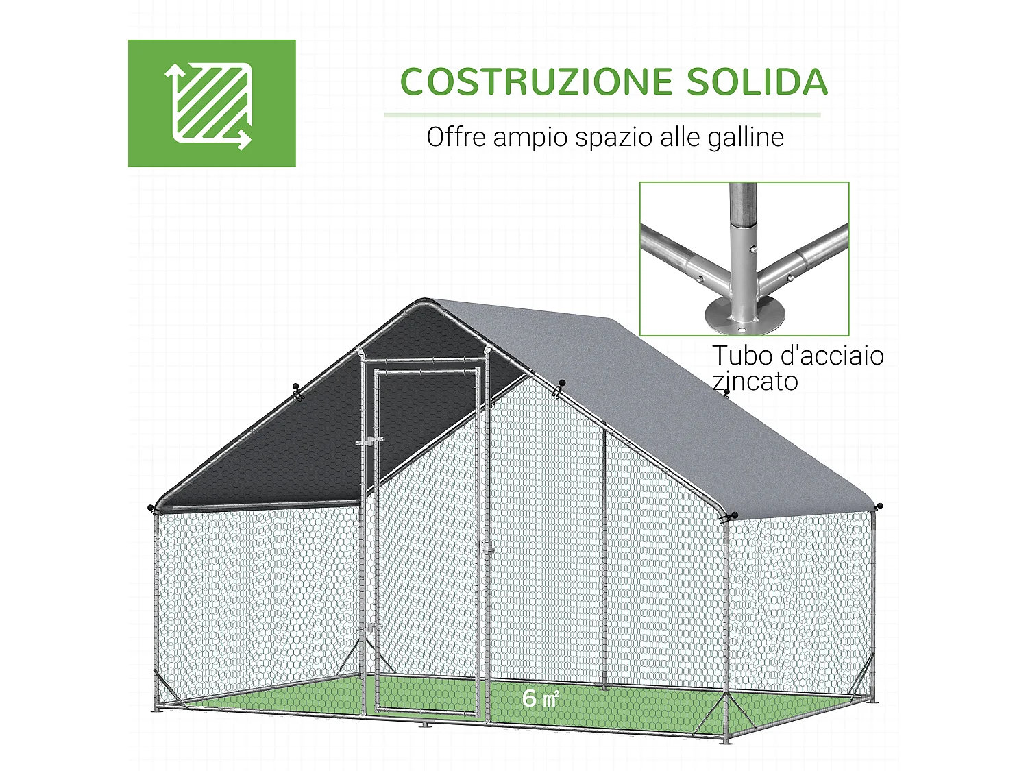 Pollaio per galline da giardino con telaio zincato 3x2x2m impermeabile