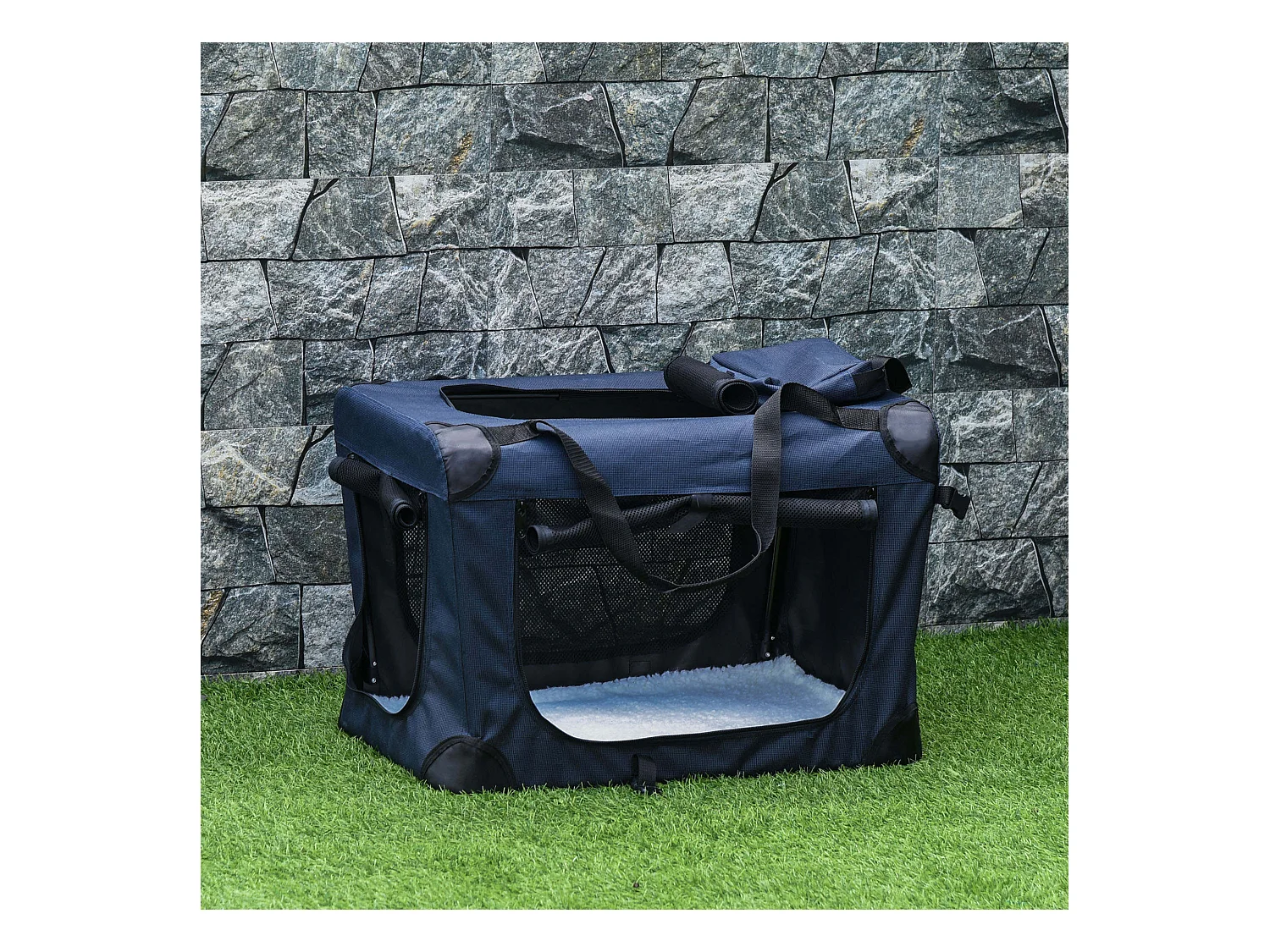 Borsa per cani a 3 ingressi con cuscino e sacche portaoggetti blu scuro