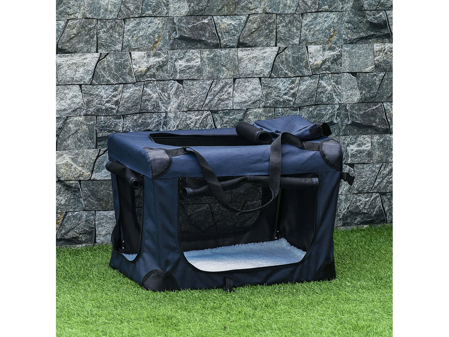 Borsa per cani a 3 ingressi con cuscino e sacche portaoggetti blu scuro