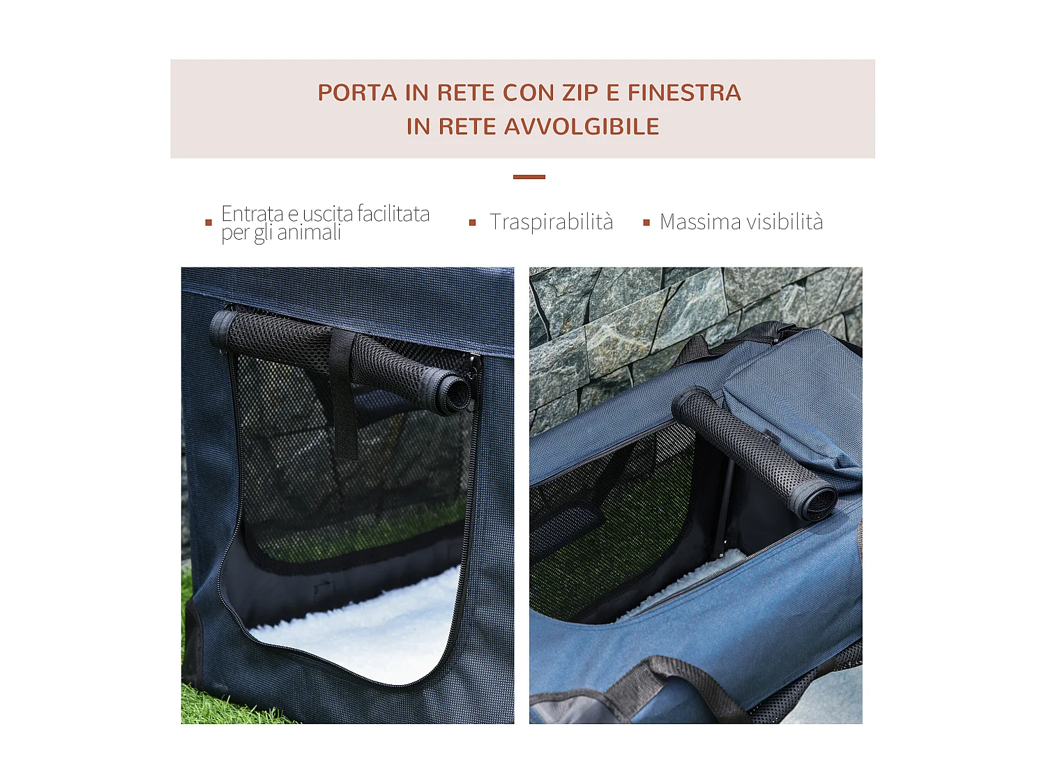 Borsa per cani a 3 ingressi con cuscino e sacche portaoggetti blu scuro