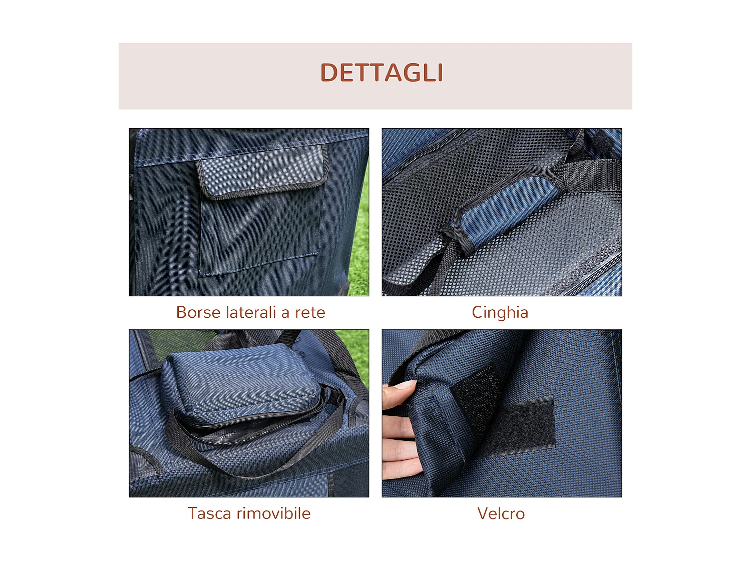 Borsa per cani a 3 ingressi con cuscino e sacche portaoggetti blu scuro