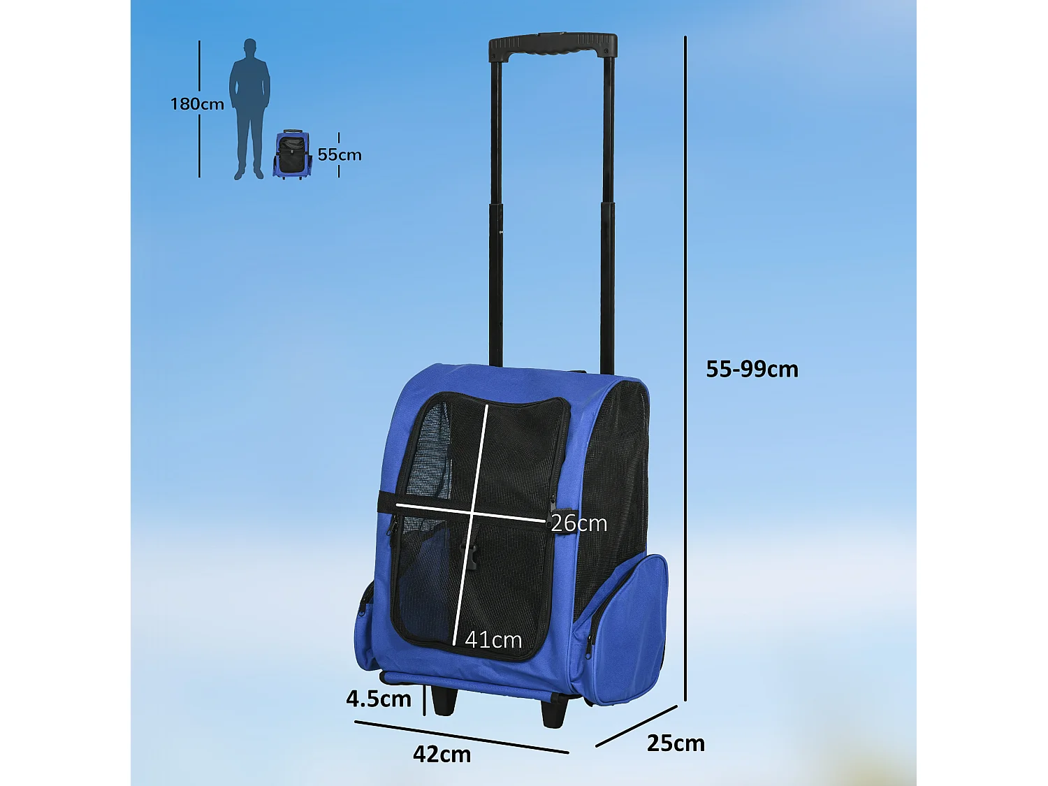 Trasportino zaino per cani e gatti con tasche maniglia telescopica ruote