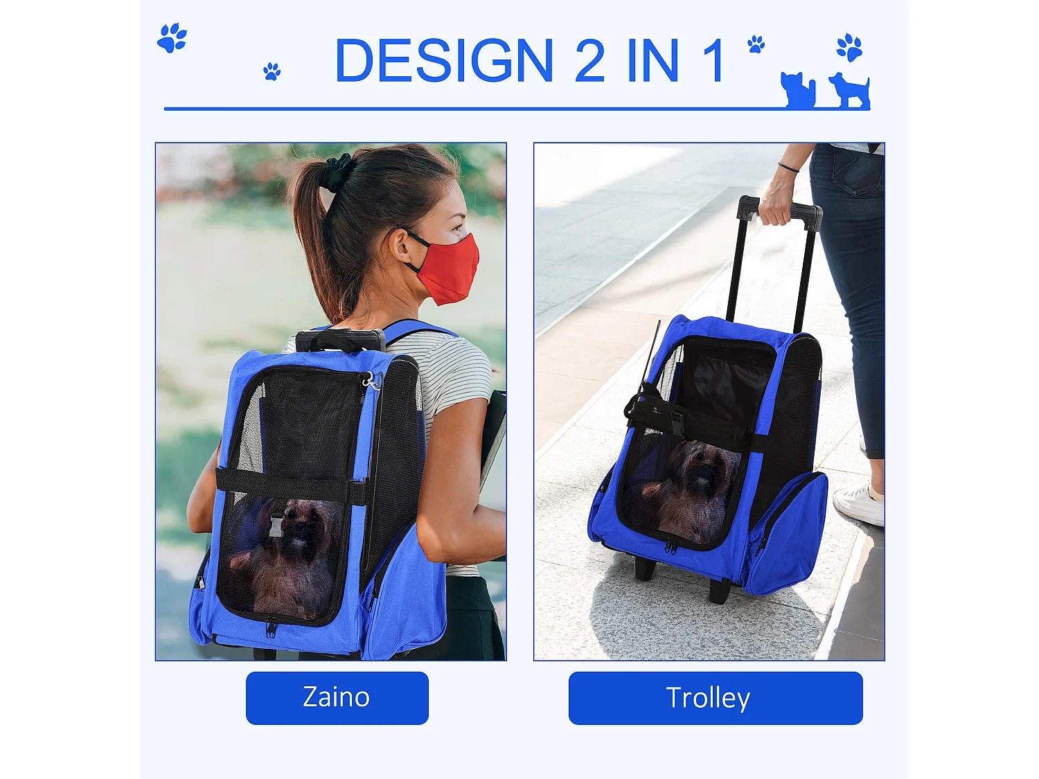 Trasportino zaino per cani e gatti con tasche maniglia telescopica ruote