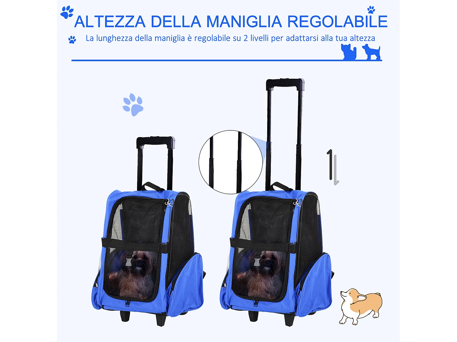 Trasportino zaino per cani e gatti con tasche maniglia telescopica ruote
