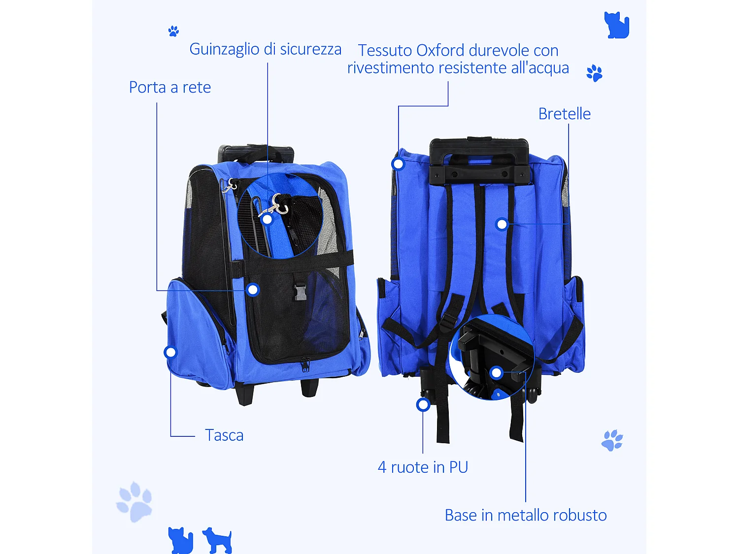 Trasportino zaino per cani e gatti con tasche maniglia telescopica ruote