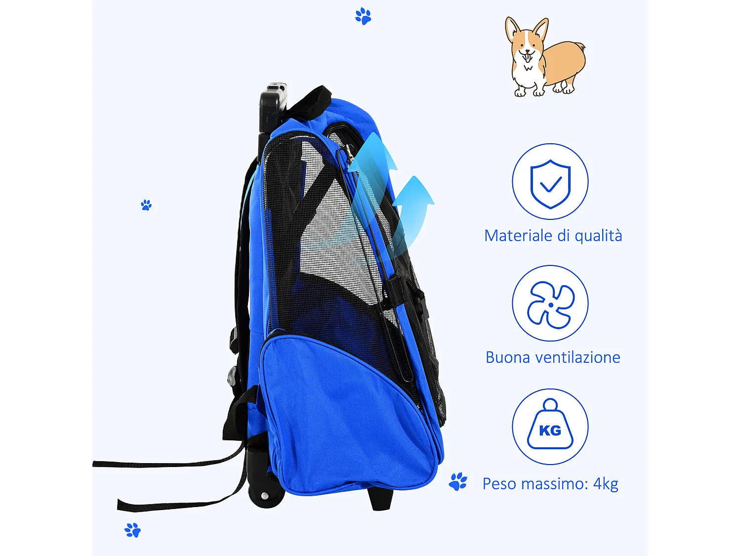 Trasportino zaino per cani e gatti con tasche maniglia telescopica ruote