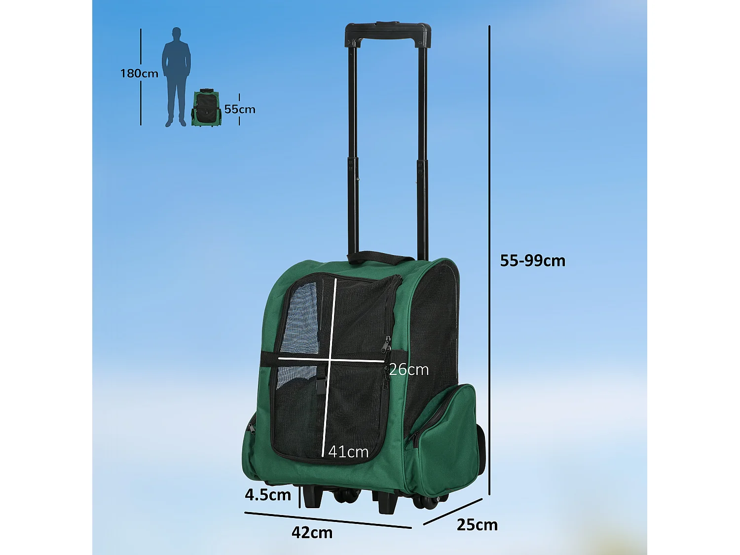 Trasportino zaino per cani e gatti con tasche maniglia telescopica ruote