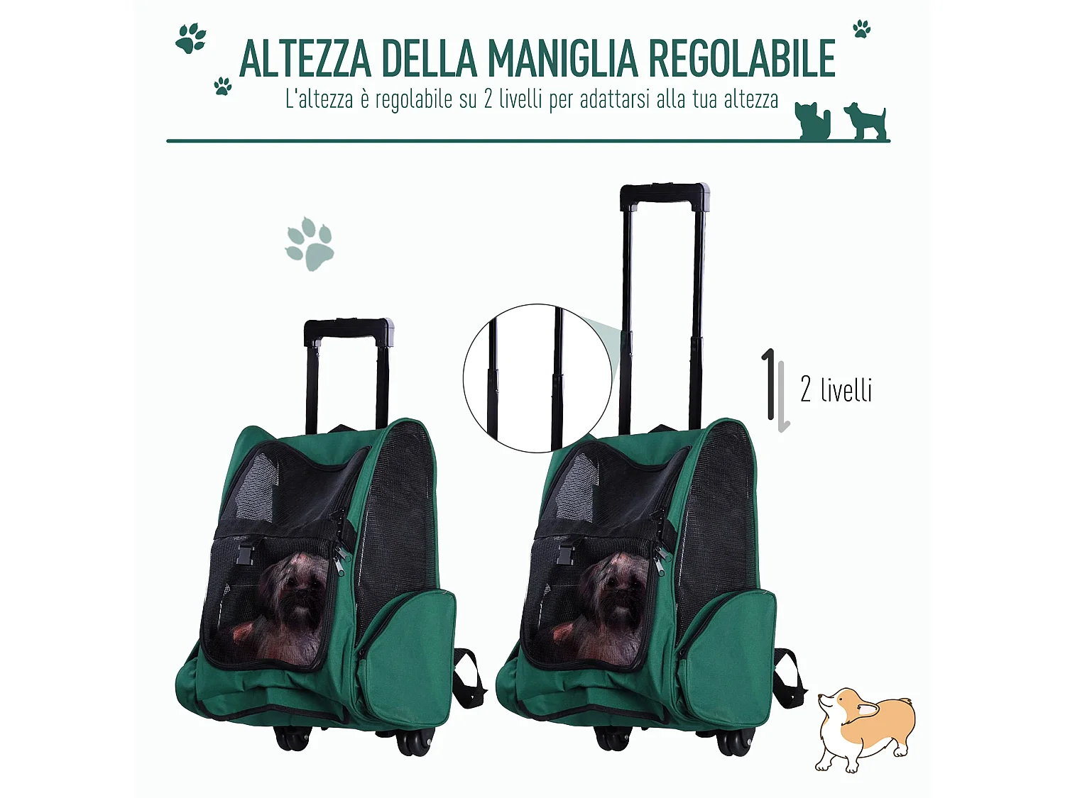 Trasportino zaino per cani e gatti con tasche maniglia telescopica ruote