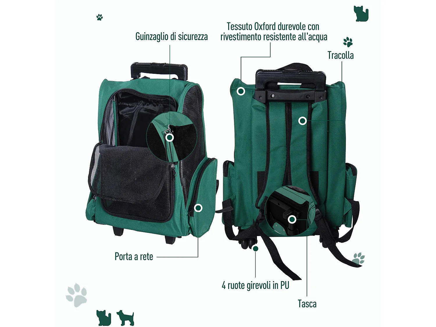 Trasportino zaino per cani e gatti con tasche maniglia telescopica ruote